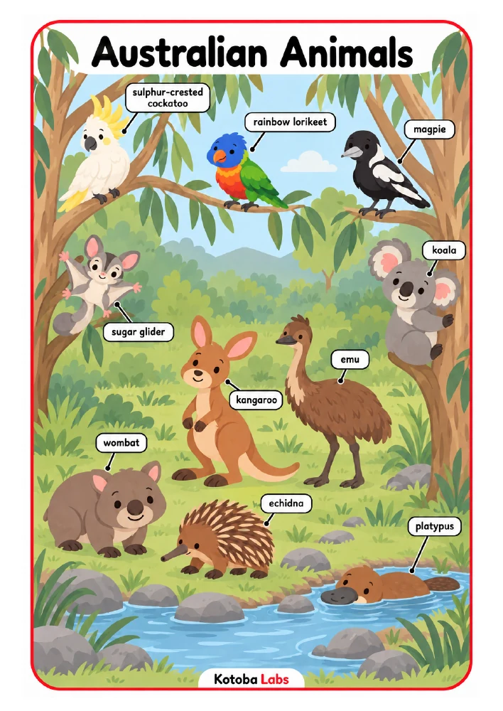Australian Animals classroom poster showing ten labelled animals in a forest and river scene