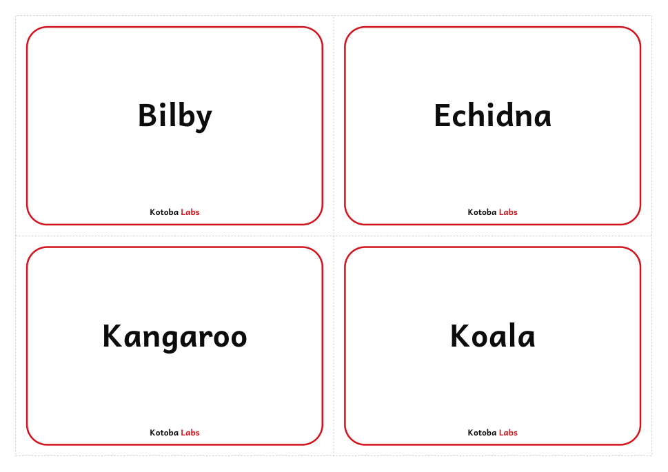 First page of Australian Animals English word backs