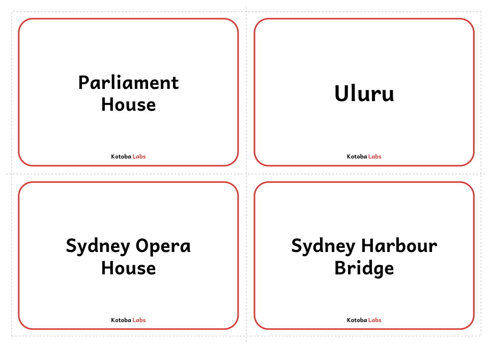 First page of Australian Locations English word backs